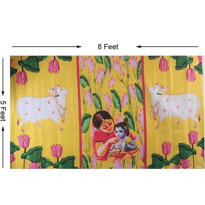 5 ft Little Krishna with Gomaata Cows Designer Backdrop Cloth for Decorations Fashtales Handicrafts