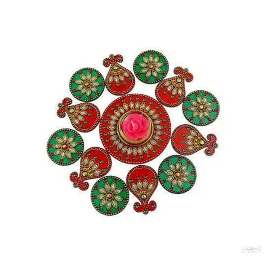 Acrylic rangoli with tea light holder multicolour handicraft jewel stone decorations(red)