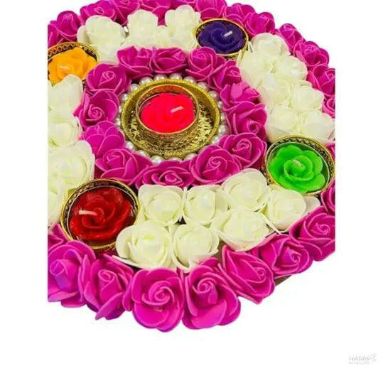 Artificial flower Readymade rangoli with tea light holders multicolour handicraft jewel stone decorations (pink & white)