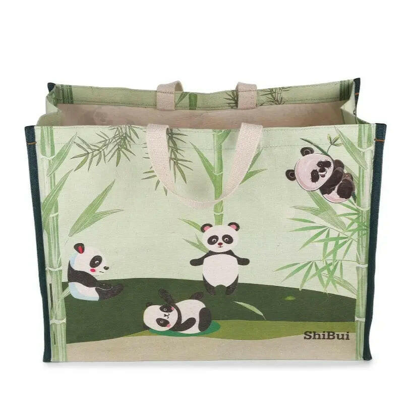 Fashtales handicrafts Big Heavy Duty Large Eco Waterproof Cotton Canvas Cloth Grocery Shopping Bag for Men Ladies Vegetable Milk Fruits with Hand Carry Handle Lunch Box Jhola Tote Bags (Panda Print, 1)