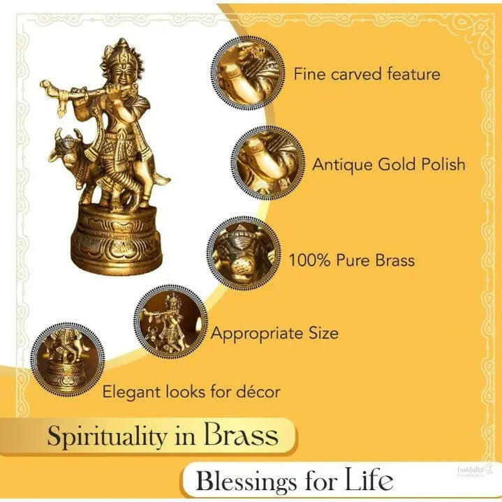 Fashtales Handicrafts 100% Pure Brass Lord Krishna Idol with Flute | Shree Lord Krishna Statue for Home Decor | Kanha Ji ki Murti for Office Desk | Sri Krishna Idols Gift for House Warming Ceremony