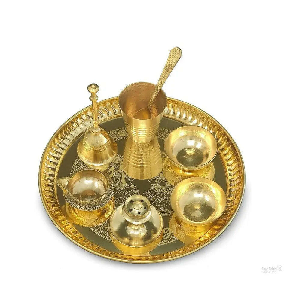 Brass Pooja thali Set 8 Inch with Pital Plate Glass Spoon Ghanti Bowl Agarbatti Stand Kuber Diya Puja Thali for Diwali Home Mandir Office Wedding