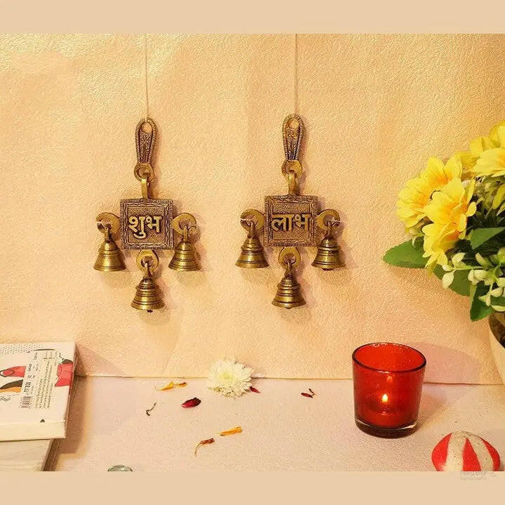 Fashtales Handicrafts Brass Shubh Labh Door Hanging Bells Set, Hanging Bells for Home Decor, Wall Decor, Ghanti for Pooja, Pack of 2