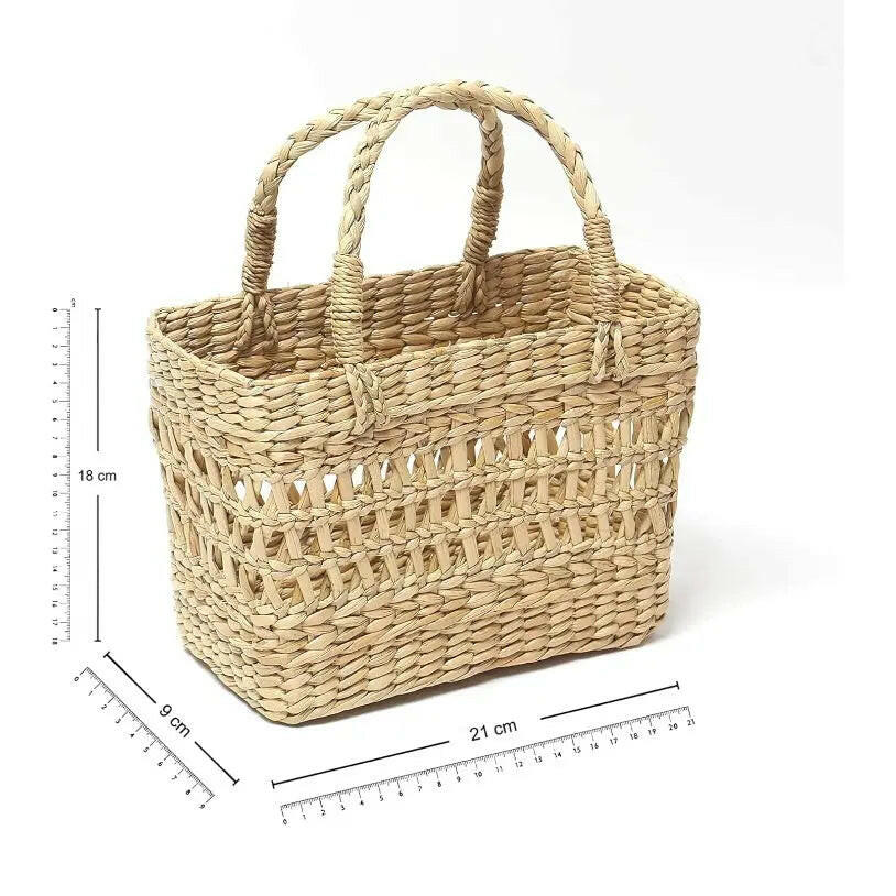 Fashtales handicrafts Handmade Designer Chic Dry Grass Bag | Jute Handbag | Carry Tote Bag for Women | Small Shopping bag | storage baskets (Small Rectangular (21 * 9 * 18))