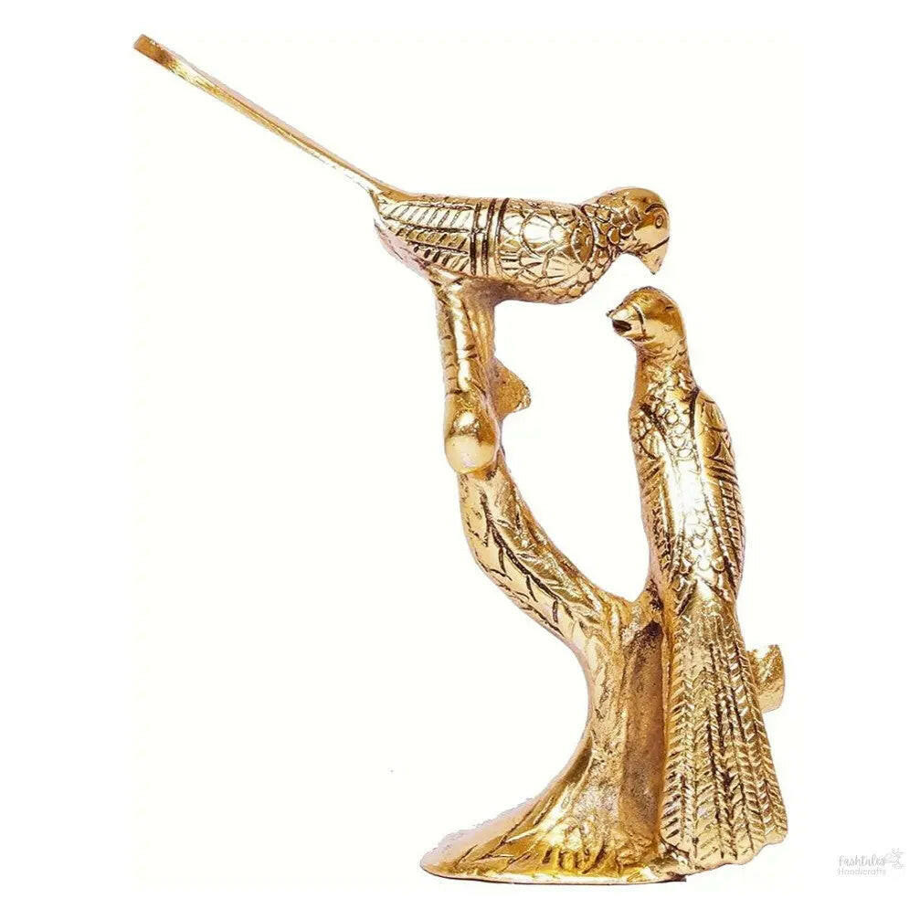 Fashtales Handicrafts Metal Love Birds Couple Kissing Sitting on Tree Branch Showpiece (Golden, Medium)