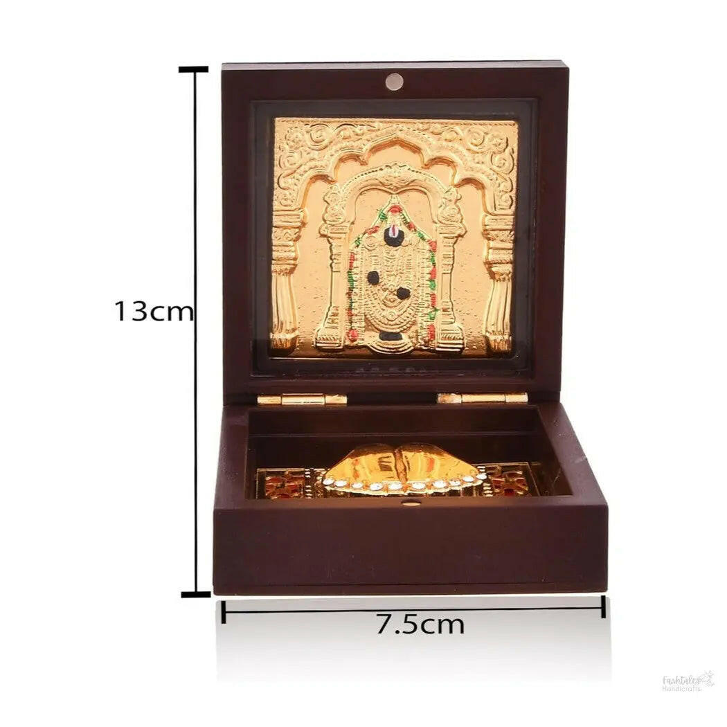 Fashtales Handicrafts Tirupati Balaji Charan Paduka Set l Tirupati Balaji Mini Gold Plated Frame l 3inch x 3Inch l Acrylic Box Gifting