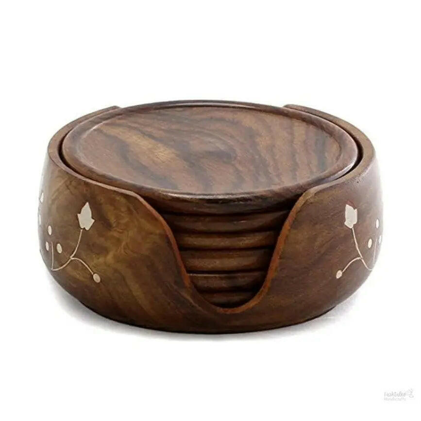 Fashtales Handicrafts Wooden Round Drink Coasters Set Of 6 With Decorative Holder | Tabletop Coasters For Tea Coffee Cups. (Brown) 3.5 Inch (Lotus)
