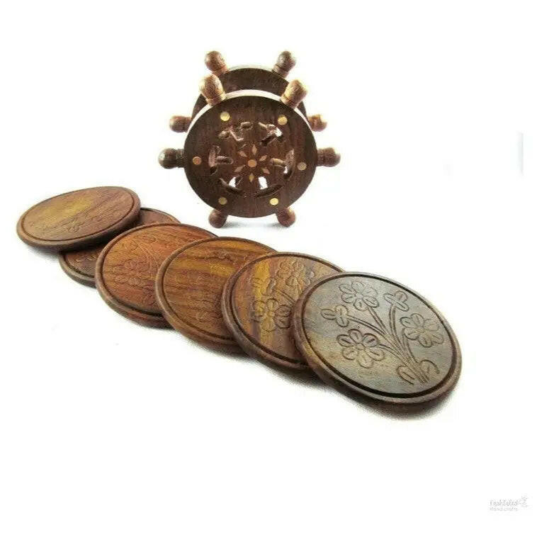 Handicrafts Wooden Wheel Shape Tea Coster Set of 6 Plate with Stand Dining Table Serving Office Handmade (Brown)