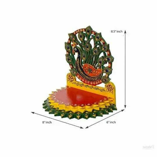 Wooden peacock shape laddu gopal ginghasan for god idols,gifts mandir eecoration item god singhasan home & office handmade (8 x 6 x 8.5 in)