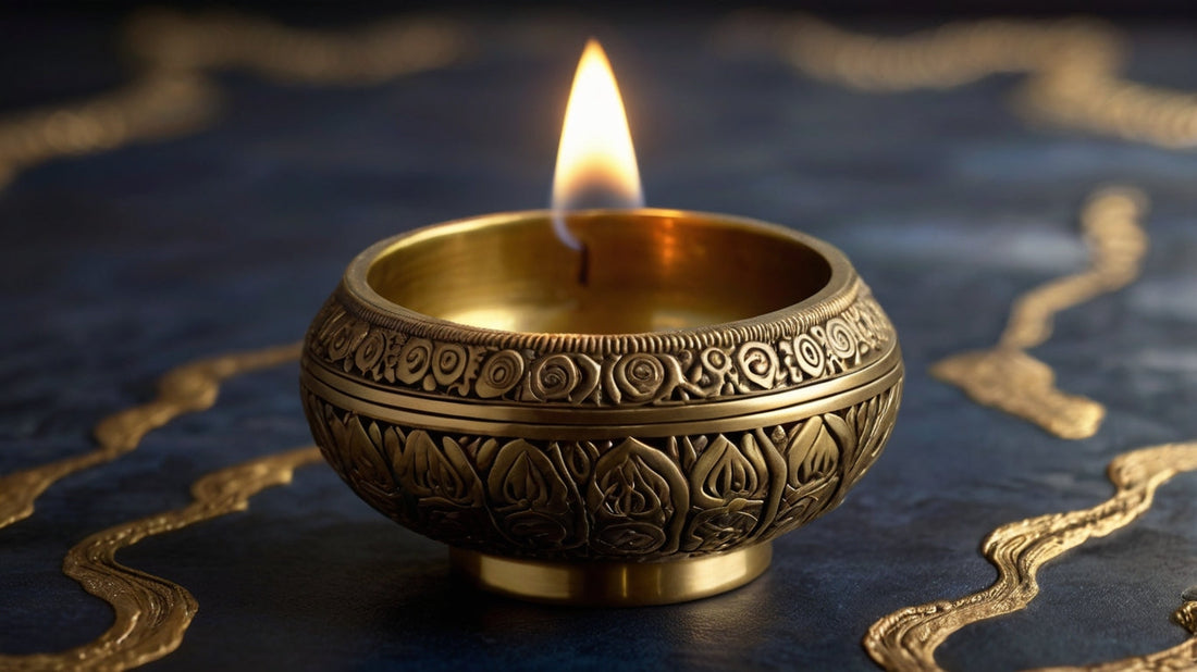 brass diya engraved with cotton wicks lighting