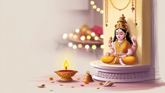 A serene Diwali night where a family is performing Lakshmi Puja in a peaceful home setting. The scene is softly illuminated by the warm glow of oil lamps (diyas)