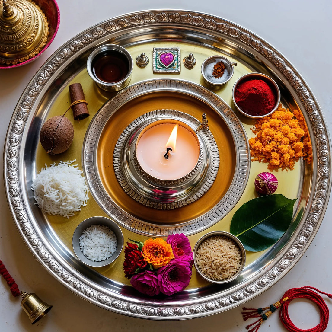Traditional pooja thali with diya, kumkum, rice, coconut, flowers, incense sticks, betel leaf, holy thread, and naivedya, arranged on a silver plate for Hindu rituals like Raksha Bandhan and Bhai Dooj