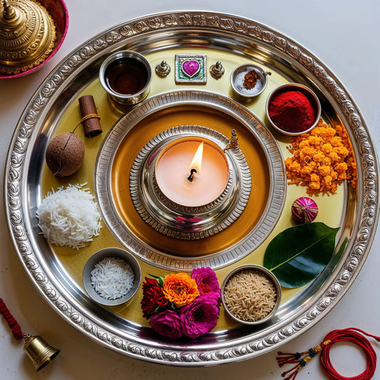 Traditional pooja thali with diya, kumkum, rice, coconut, flowers, incense sticks, betel leaf, holy thread, and naivedya, arranged on a silver plate for Hindu rituals like Raksha Bandhan and Bhai Dooj