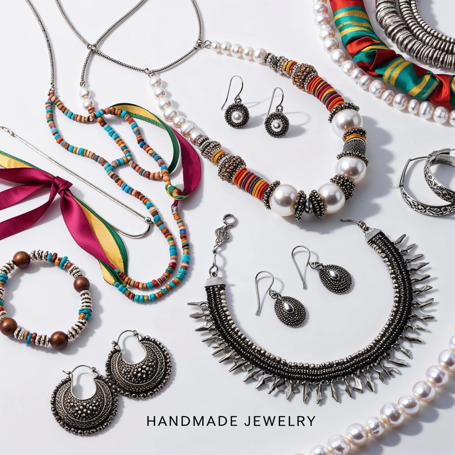 Handmade jewelry set featuring beaded necklaces, oxidized silver earrings, pearls, and colorful ribbons on a white background. Showcasing artisanal craftsmanship with vibrant, elegant designs for fashion accessories