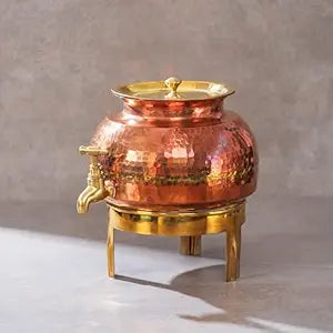 Fashtales Handicrafts Pure Copper Water Dispenser 3 Litre Copper Pot Copper Matka Water Storage Container with Tap, Lid and Brass Stand P tal Water Dispenser