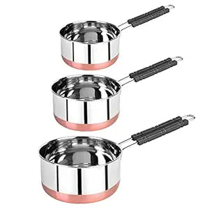 Fashtales Handicrafts Pan Set for Tea, Milk Pan, Copper Sauce Pan Combo Set Gas and Induction Compatible - 1, 1.5 and 2.5 litre Capacity