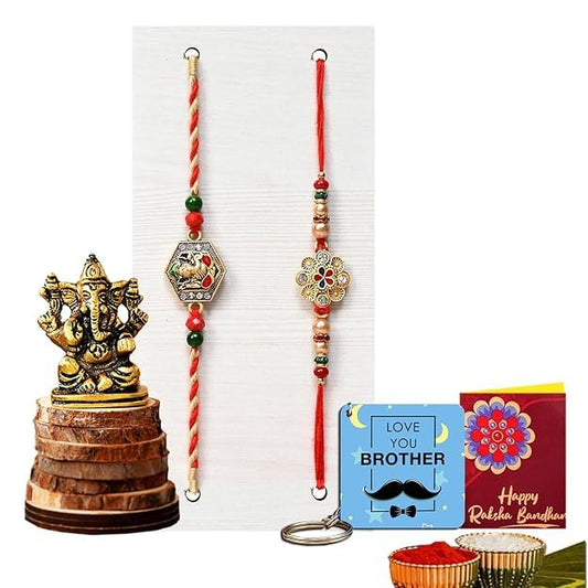 Fashtales Handicrafts Ganesha Idol and Rakhi for Brother Combo Set | Combo of 6 (1 Ganesha ldol, 2 Rakhi, 1 Roli Chawal Pack, 1 Greeting Card, 1 Keychain) Best Rakhi Gift for Brother (KGG1-C7-TW1)