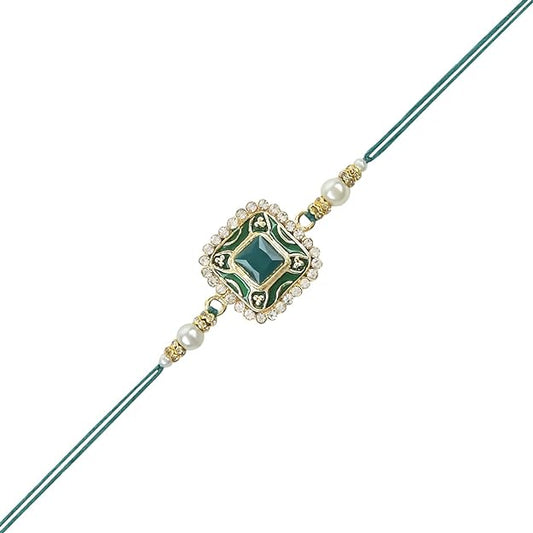 Fashtales Handicrafts Pearl & Meenakari Designer Bhaiya Rakhi With Roli Chawal for Brother/Bro/Men with Rakshabandhan Card (R098)