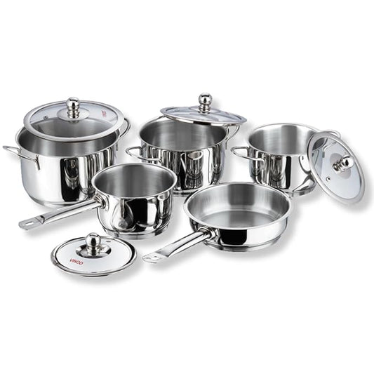 Fashtales Handicrafts Stainless Steel Induction Friendly Tuscany Set 5 Pieces - Saucepan (14 cm/1.3 Litre), 3 Cassseroles (14 cm,16 cm & 18 cm/1.3,2 & 2.8 Litre), Frypan (18 cm) & 3 Glass Lids