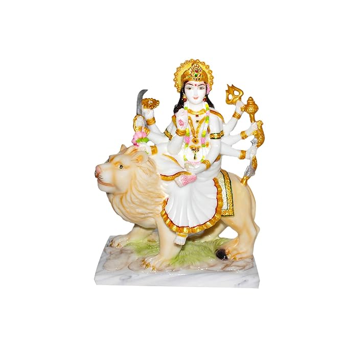 Fashtales Handicrafts Marble Dust Goddess Maa Durga Statue Sherawali MATA Idol White 10.4 Inches, 1 Piece