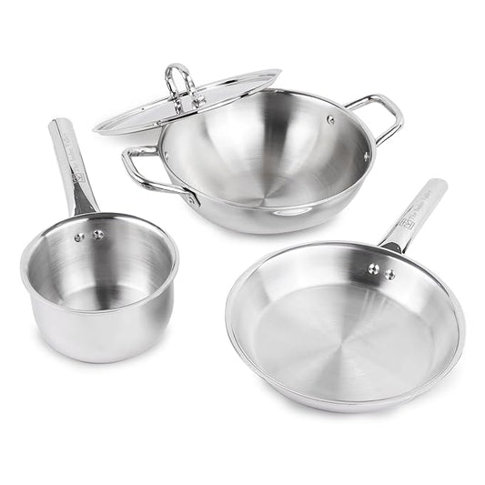 Fashtales Handicrafts Stainless Steel Cookware Set | Kadai (25.5 cm/2.5L)+ Fry Pan (24 cm/1.1L) + Sauce Pan (15.5cm/1.1L) | Kitchen Cooking Combo Pots & Pans Set of 4Pcs | Naturally Nonstick