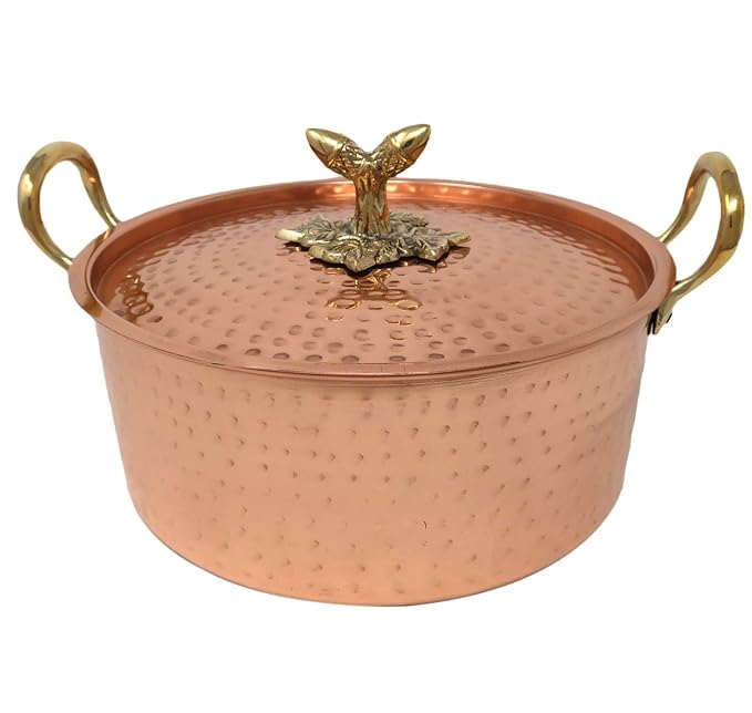 Fashtales Handicrafts Copper Cookware Pot with Brass Handles Indian Kitchen Utensil, Hand Hammered, Capacity 4500 ml (Gold)