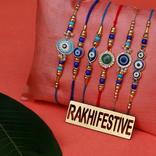 Fashtales Handicrafts Evil Eye Rakhi for Brother And Bhabhi Eco Friendly Rakhi Fo Bhai, Brothers Rakhi, Kids Rakhi Set of 6 With Wooden Cutout