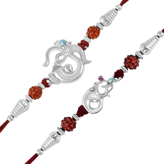 Fashtales Handicrafts Mens Rhodium Plated Rakshabandhan Combo Set Of 2 Auspisious Om And Ganesha Alloy Rakhi Bracelet- Rakhi For Brother, Bhaiya, Bhai Co1000404