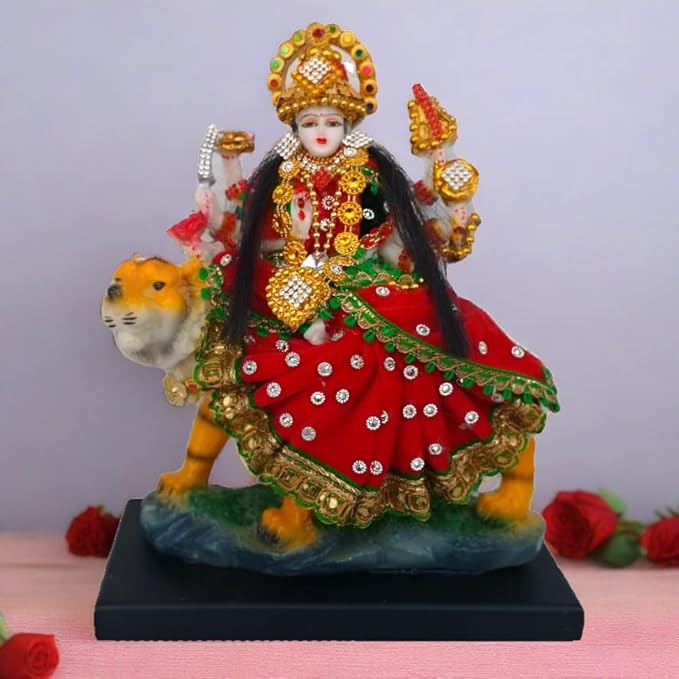 Fashtales Handicrafts Marble & Polyresin Durga Maa Idol Sherawali Mata,1 Piece, Size 18 x 10 x 22 cm, Multicolor