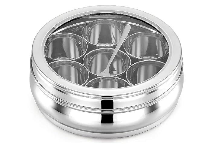 Fashtales Handicrafts Masala Dabba | Masala Box Stainless Steel For Kitchen | Masala Dani | Spice Storage Container (Glass Lid, 1200Ml), Silver