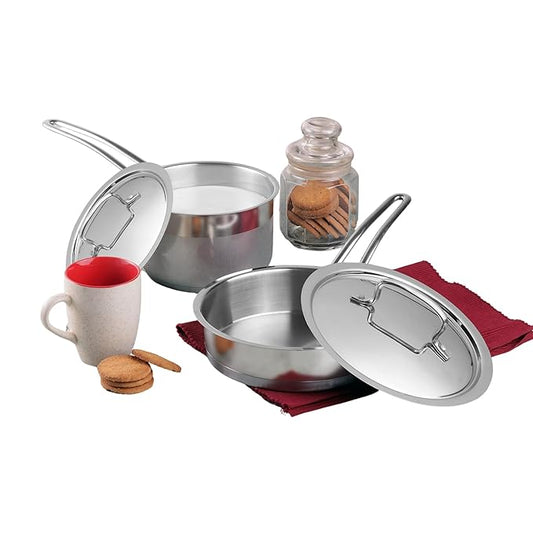 Fashtales Handicrafts Stainless Steel Cookware Combo Set of 2 Pcs | Saucepan 2.1 Litre (16cm), Frypan (20cm) | Extra Deep, Riveted Handles | Induction Base | 2 Year Warranty