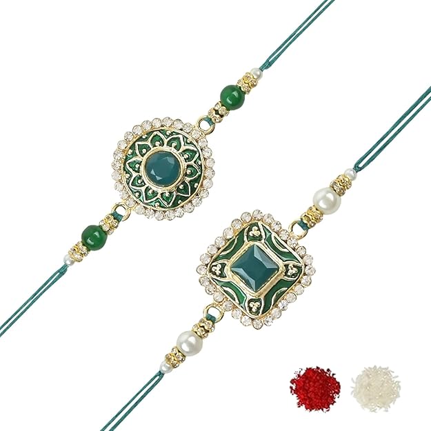 Fashtales Handicrafts Pearl & Kundan Designer Bhaiya Rakhi With Roli Chawal for Brother/Bro/Men with Rakshabandhan Card (R098G-100G)