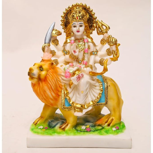 Fashtales Handicrafts Gold Plated Durga Maa Idol Sherawali MATA Devi Murti Marble for Home Temple Pooja Room Office Table Decoration & Gift- 9 Inch