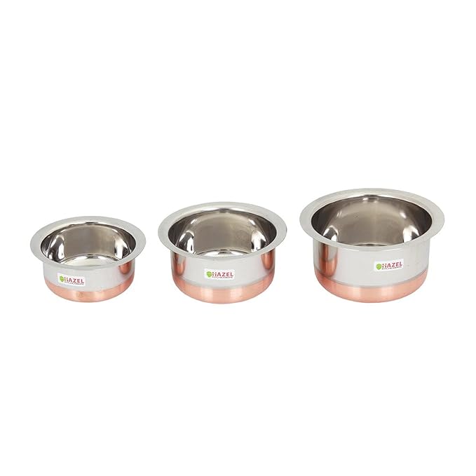 Fashtales Handicrafts Utensils Set for Kitchen | Set of 3 (350 ml, 600 ml & 830 ml) | Copper Bottom Utensils for Cooking | Steel Tope Set for Daily Use | Multipurpose Kitchen Containers