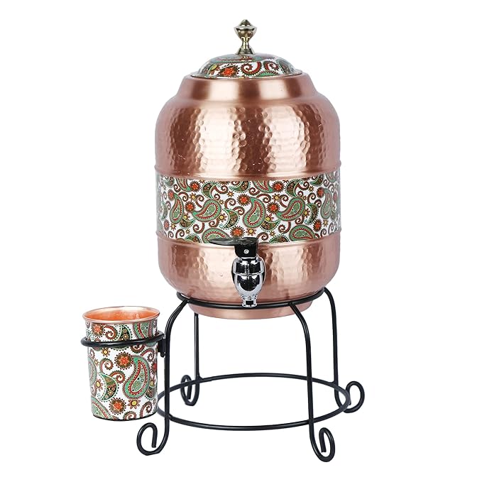 Fashtales Handicrafts Copper Handmade Copper Matka Mette Look Hammer with Paisley White Print Design with Stand and Glass, 5 Liter, Copper Water Dispenser (Matka/Pot) Container Pot with Copper Glass and Stand ,Pure Copper and Ayurveda Health Benefits