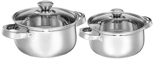 Fashtales Handicrafts Set of 2 Stainless Steel Cook and Serve Set | Glass Lid | Dishwasher-Safe, 2L 500 ml