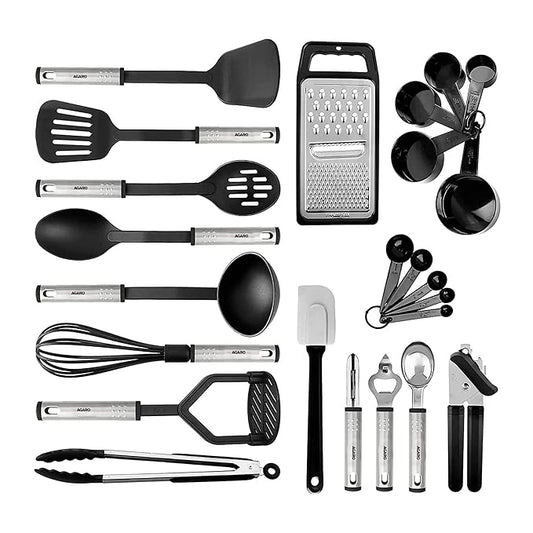 Fashtales Handicrafts 24 Pcs Kitchen Utensils Set, Nylon and Stainless Steel, Heat Resistant, Kitchen Cooking Utensils, Cookware Set with Spatula, Black