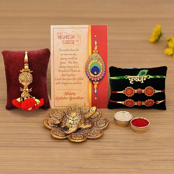 Fashtales Handicrafts Good Luck Rakhi for Brother and Bhabhi, Rakshabandhan Gifts Combo Rakhi for Rakshabandhan Gifts for Bhaiya Bhabhi - Tortoise Vastu Gift, Fengshui Showpiece (M1- Family Combo)