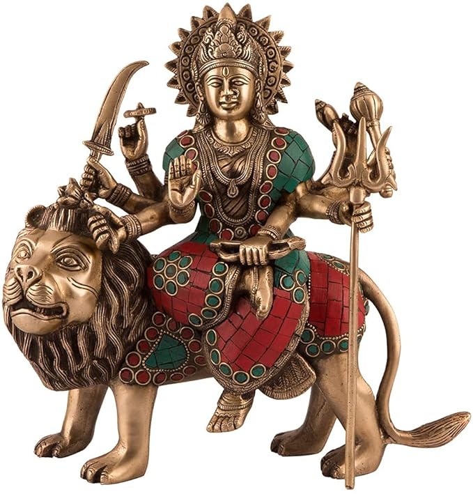 Fashtales Handicrafts Brass Maa Durga Idol Sitting On Lion Ma Sherwali Murti Devi Office Shop Gift Navratra Puja Multicolor Stone Work Color Height 11 Inches