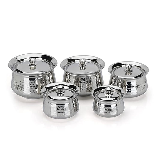 Fashtales Handicrafts Stainless Steel Handcrafted Hammered Texture Handi Set with Lid for Kitchen, Set of 5, 460ml, 650ml, 950ml, 1300ml & 1700ml, Silver