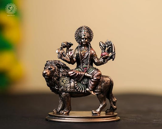 Fashtales Handicrafts Durga Statue On Lion 3.5 Inch Bonded Bronze Sherawali MATA Moorti for Small Temple N Car Dashboard Navratri Puja Idol Ambe Maa Vaishno Devi Figurine Pack of 1