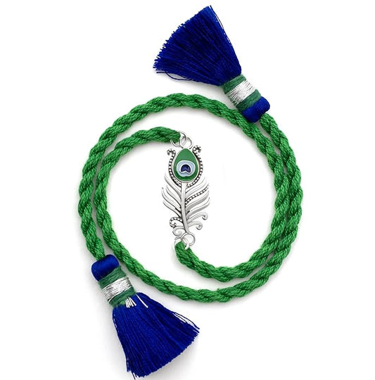 Fashtales Handicrafts JEWELLERY 925 Sterling Silver Morpankh Peacock Feather Krishna Rakhi Bracelet Set with Roli Chawal and Rakshabandhan Greeting Card For Men