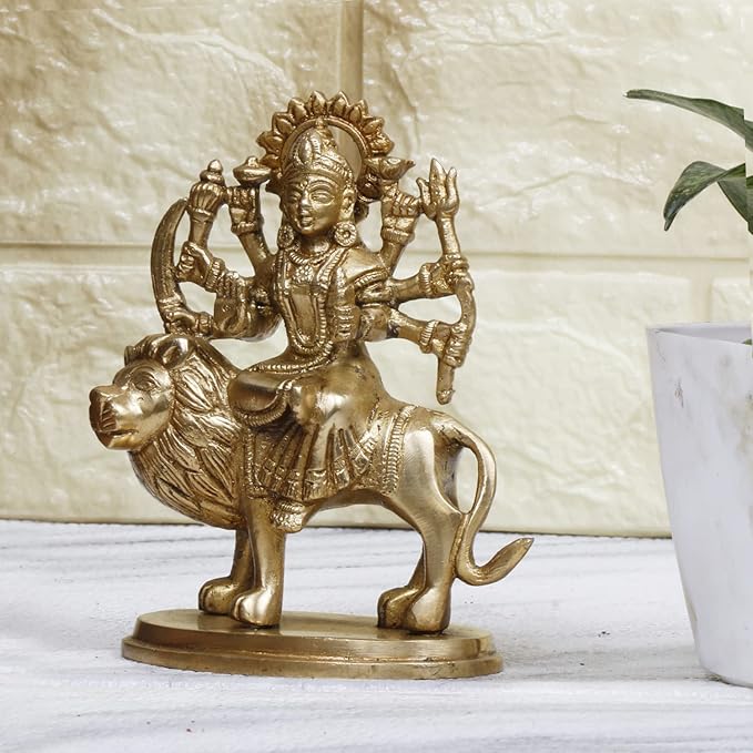 Fashtales Handicrafts Brass Durga Ma Murti Sherawali MATA Ambe Maa Idol Statue God Statue MATA Rani Puja Vastu Showpiece Pooja Gift Item 5.5 Inch