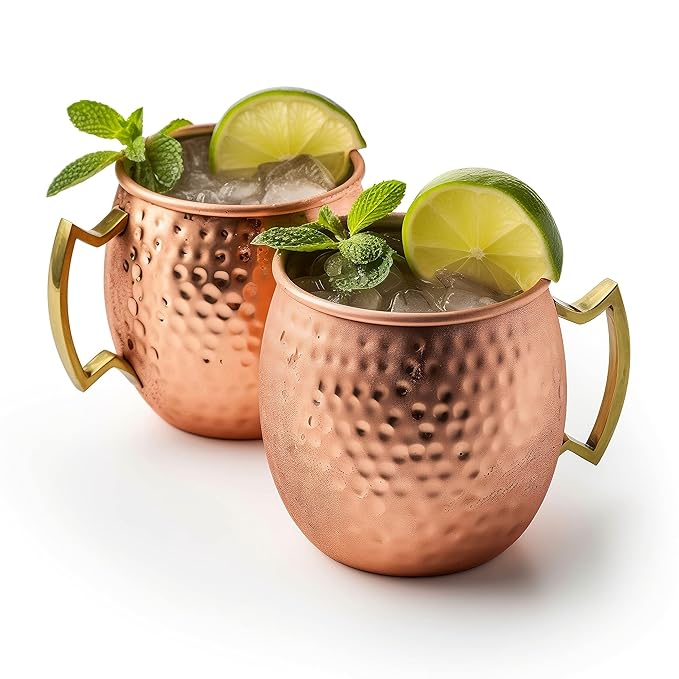 Fashtales Handicrafts Moscow Mule Mugs | Cocktails, Beer, Cold Beverages, Gift | 550ml | Pure Copper, Ergonomic Brass Handle, Nickel Plating for Corossion Resistance (Hammered Finish, Set of 2)