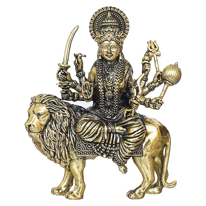 Fashtales Handicrafts 4 Inch Brass Maa Durga On Lion Idol Goddess Sherawali Maa Murti MATA Rani Statue for Navratri, Durga Puja Devi Ambe Pratima Sculpture for Home Temple Puja Gifting Purpose