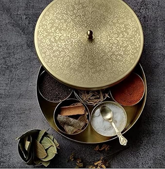 Fashtales Handicrafts Floral-Etched' Handcrafted Brass Spice Box Set For Kitchen With Spoon (7 Containers, 40 Ml) - Masala Container Masala Dabba, Bronze