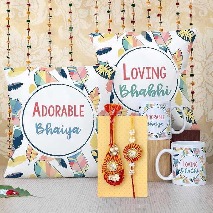 Fashtales Handicrafts Designer Bhaiya Bhabhi Lumba Rakhi Gifts Set Rakshabandhan Special Card Printed Coffee Mug and Cushion (12 inch X 12 inch) with Filler