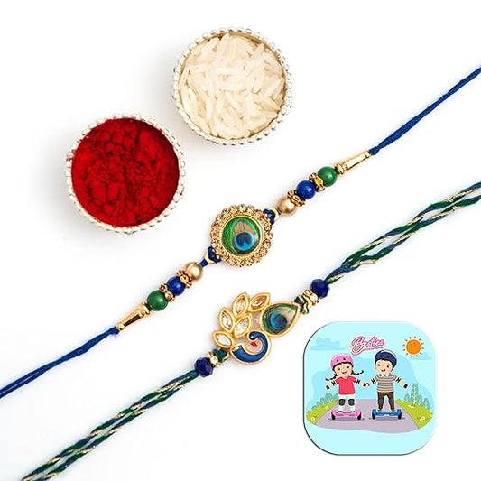 Fashtales Handicrafts Peacock Rakhi for Brother Mor Pankh Rakhi for Bhaiya Rakhi Set of 2 for Bhai Boy Kids Rakhi Combo for Rakshabandhan, Rakhi with Fridge Magnet for Door Decor