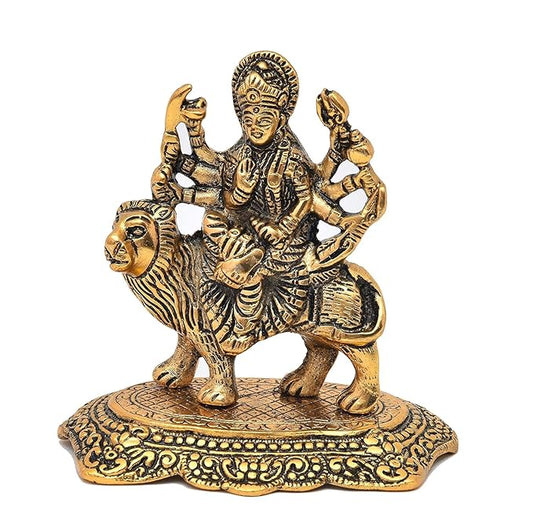 Fashtales Handicrafts Metal Statue Idol of Sherawali MATA Murti Goddess Durga Maa (4.25 x 3.75 x 2) inch, Weight 450 Grams - Golden Color, 1 Piece