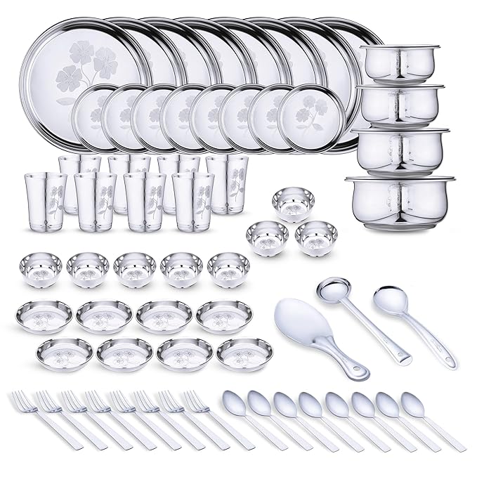 Fashtales Handicrafts Steel Dinner Set | 67 Pieces Steel Dinner set | Steel Kitchen Set |(Set of 67- Serves 8, Flower-2)